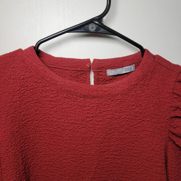 Zara Maroon Red Textured Puff Sleeve Top | Perfect Christmas Top | Small - Picture 4 of 9